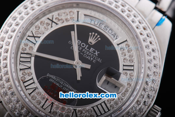 Rolex Day-Date Oyster Perpetual Automatic Full Diamond Bezel with Black and Diamond Dial,Roman Marking-Big Calendar - Click Image to Close